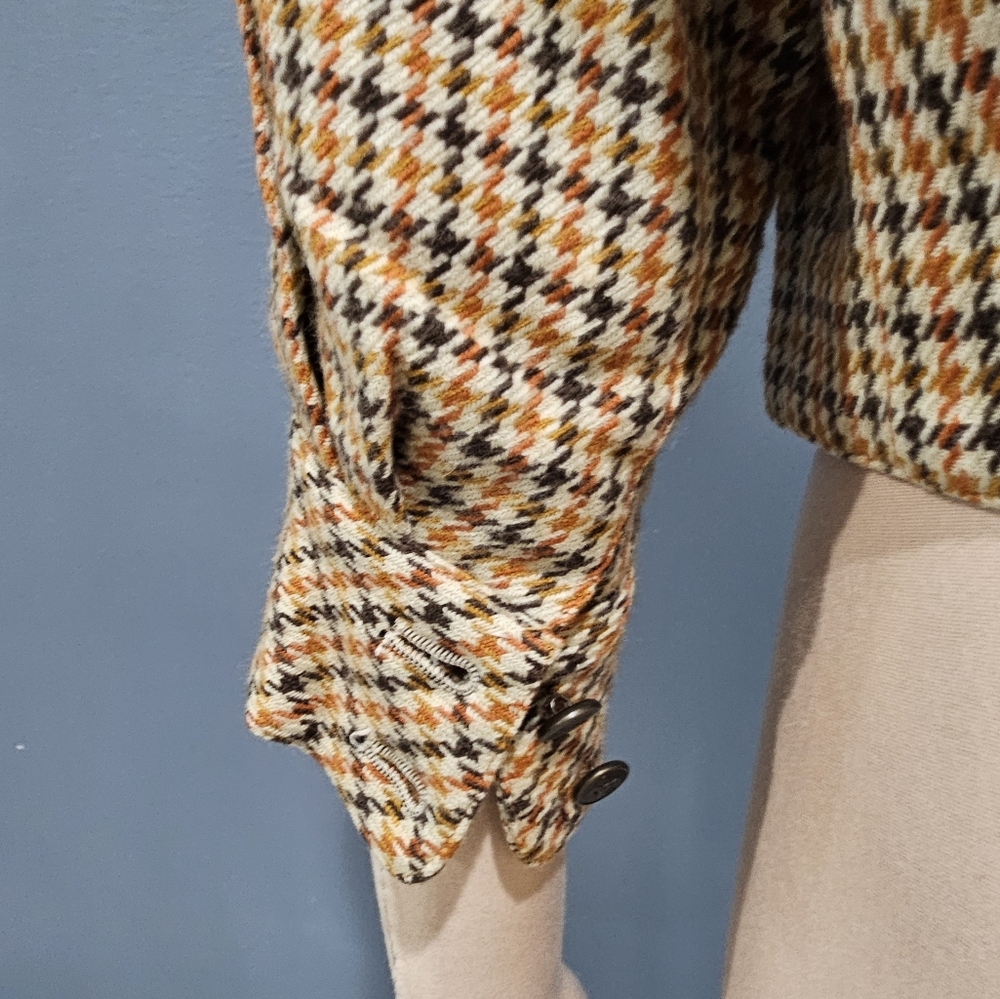 ATELIER SAB Women Wool Houndstooth Cream Brown Orange Cropped Jacket M/L - Picture 8 of 10